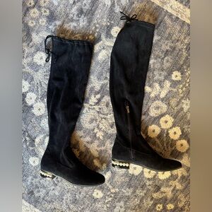 Just Fab Noelle Black Over-the-Knee Boots with Pearl Detail